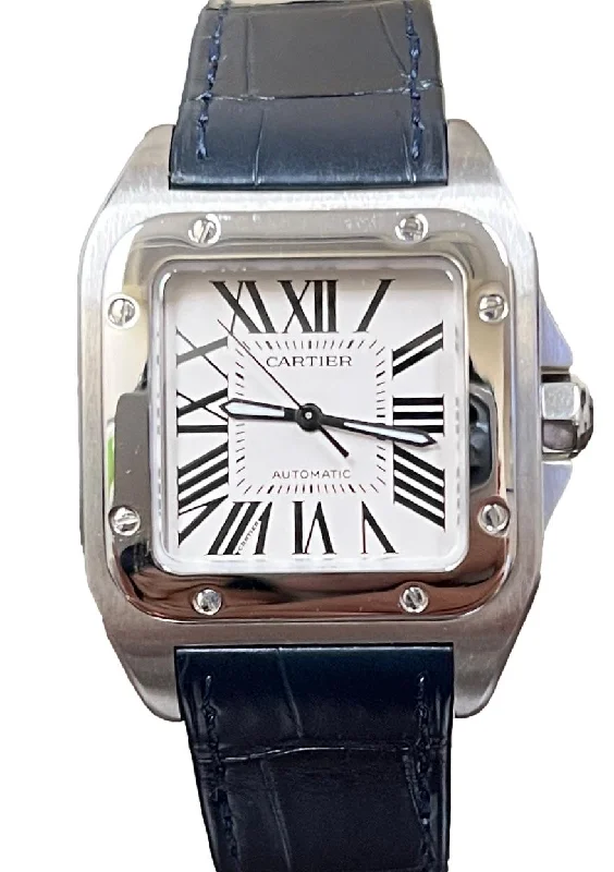 Cartier Santos 100 2878 Stainless Steel White Dial & Blue Strap Automatic Watch