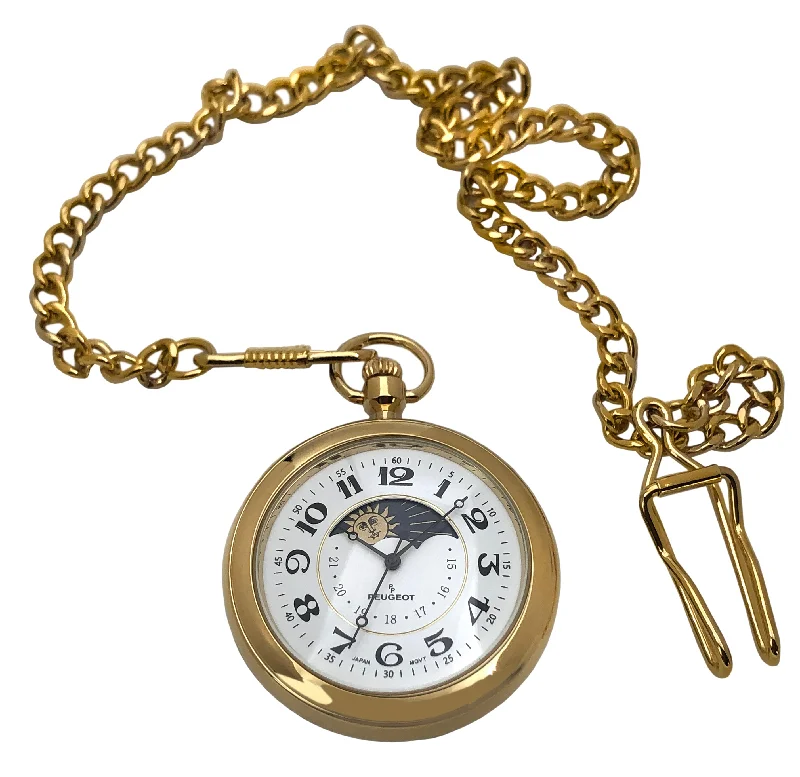 Peugeot Men's 14Kt Gold Plated Sun Moon Pocket Watch with Chain