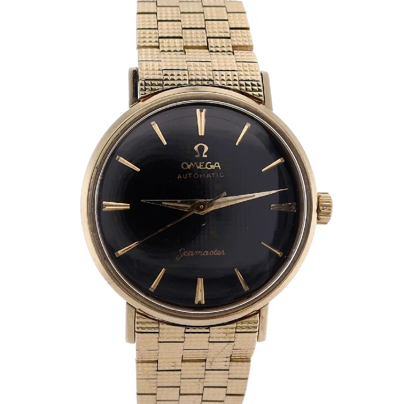 Estate Omega 14 Karat Yellow Gold Gents Vintage Automatic Seamaster Black Dial Textured Brick Bracelet