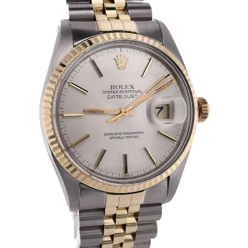 Estate Rolex Stainless Steel 18 Karat Yellow Gold Silver Stick Dial Fluted Bezel Watch