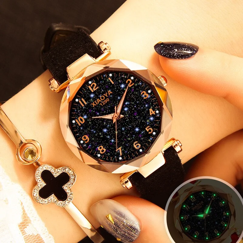 Fashion Women Watches Starry Sky Watch Luxury Red Black Leather Strap Ladies Wrist Watches Waterproof Quartz Clock 2019 Discount