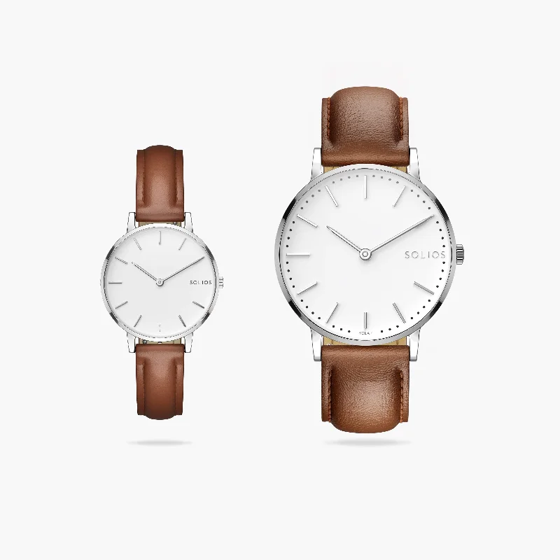 Watch Set - Solar Classic & Mini | White Dial - Silver Case | Brown Vegan Leather