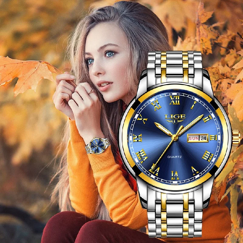 LIGE Couple Watch Gold Blue Watch Women Quartz Watches Ladies Top Brand Luxury Female WristWatch Girl Clock Relogio Feminino+Box