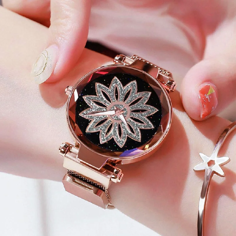 Luxury Brand Women Watches Mesh Magnet Lucky Flower Watch Fashion Ladies Geometric Quartz Clock Relogio Feminino 2019 Dropship