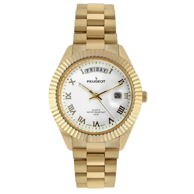 Men's 40mm White Face Fluted Bezel Gold Bracelet Watch