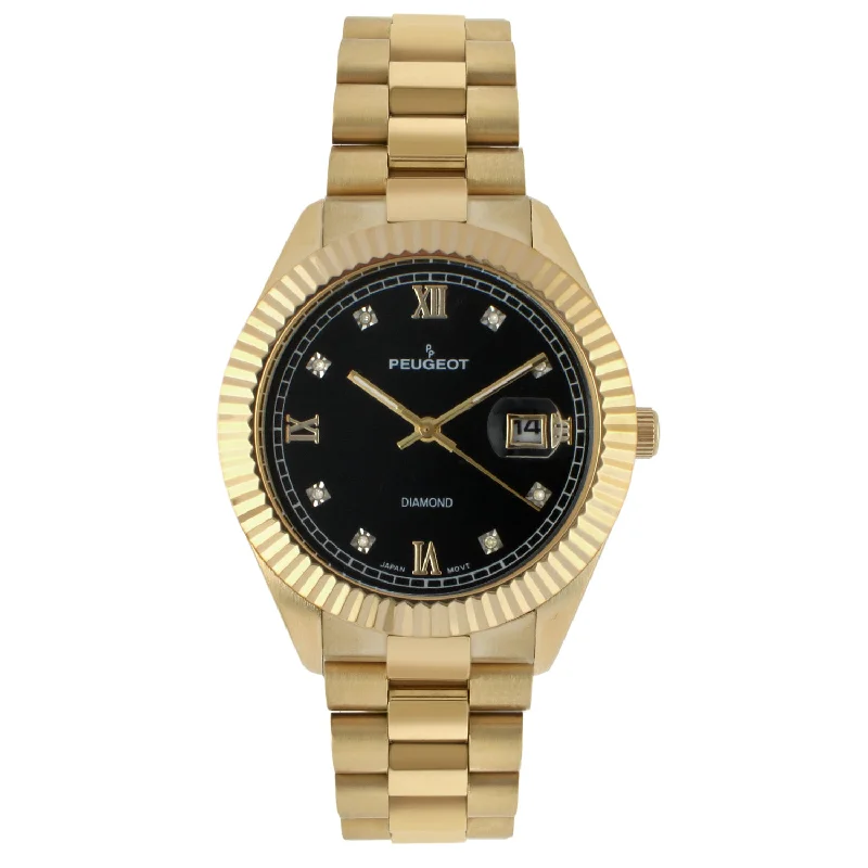 Men's 40mm Black Dial 14K Gold Plated Genuine Diamond Dial Watch