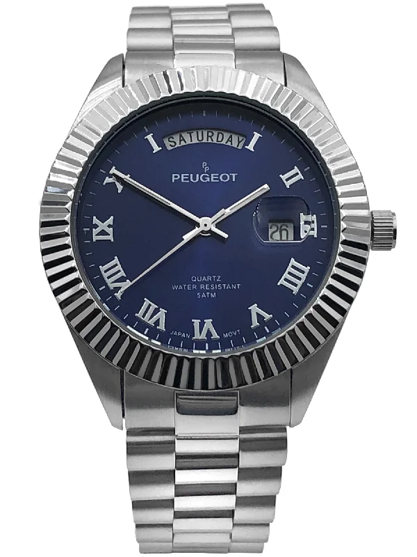 Men's 40mm Blue Face Fluted Bezel Steel Bracelet Watch