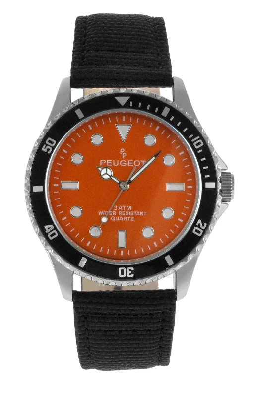 Men's 42mm Sport Bezel Watch with Orange Dial and Canvas Strap