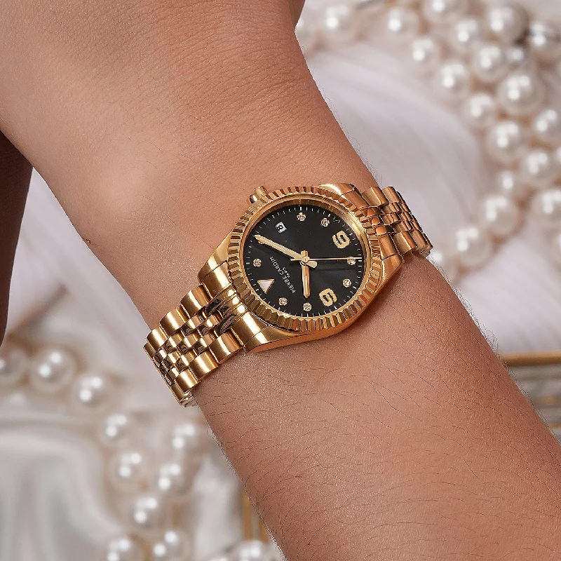 Opéra Timbre Women’s Watch - Gold Case, Black Dial with Crystal Indexes and Gold Jubilee Strap