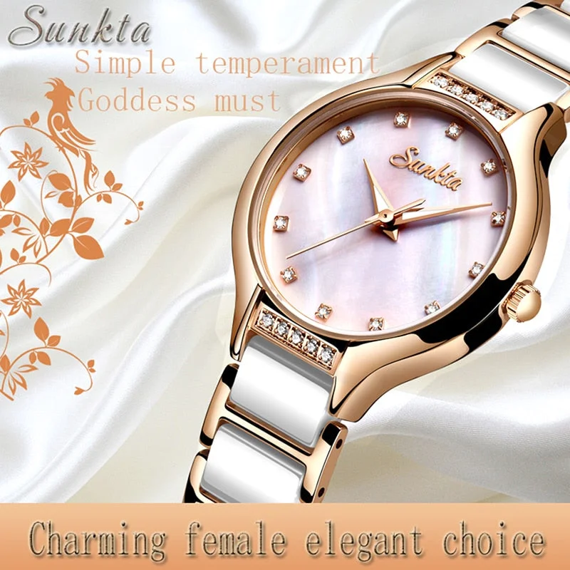 SUNKTA New Rose Gold Ladies Ceramic Watch Women Top Brand Luxury Watch Fashion Simple Waterproof Women Watches Relogio Feminino